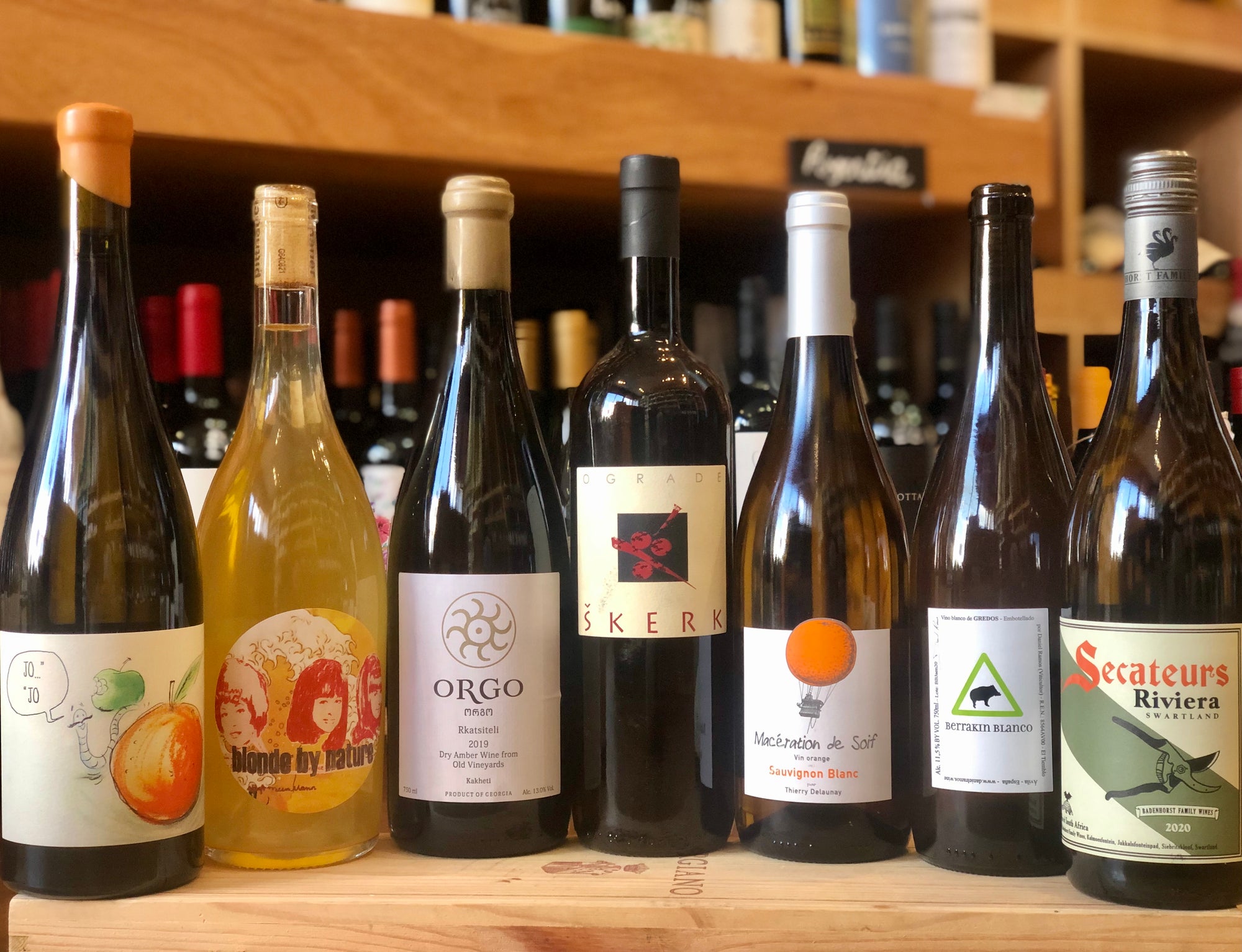 A selection of orange wines and skin-contact wines available from Butler's Wine Cellar in Brighton