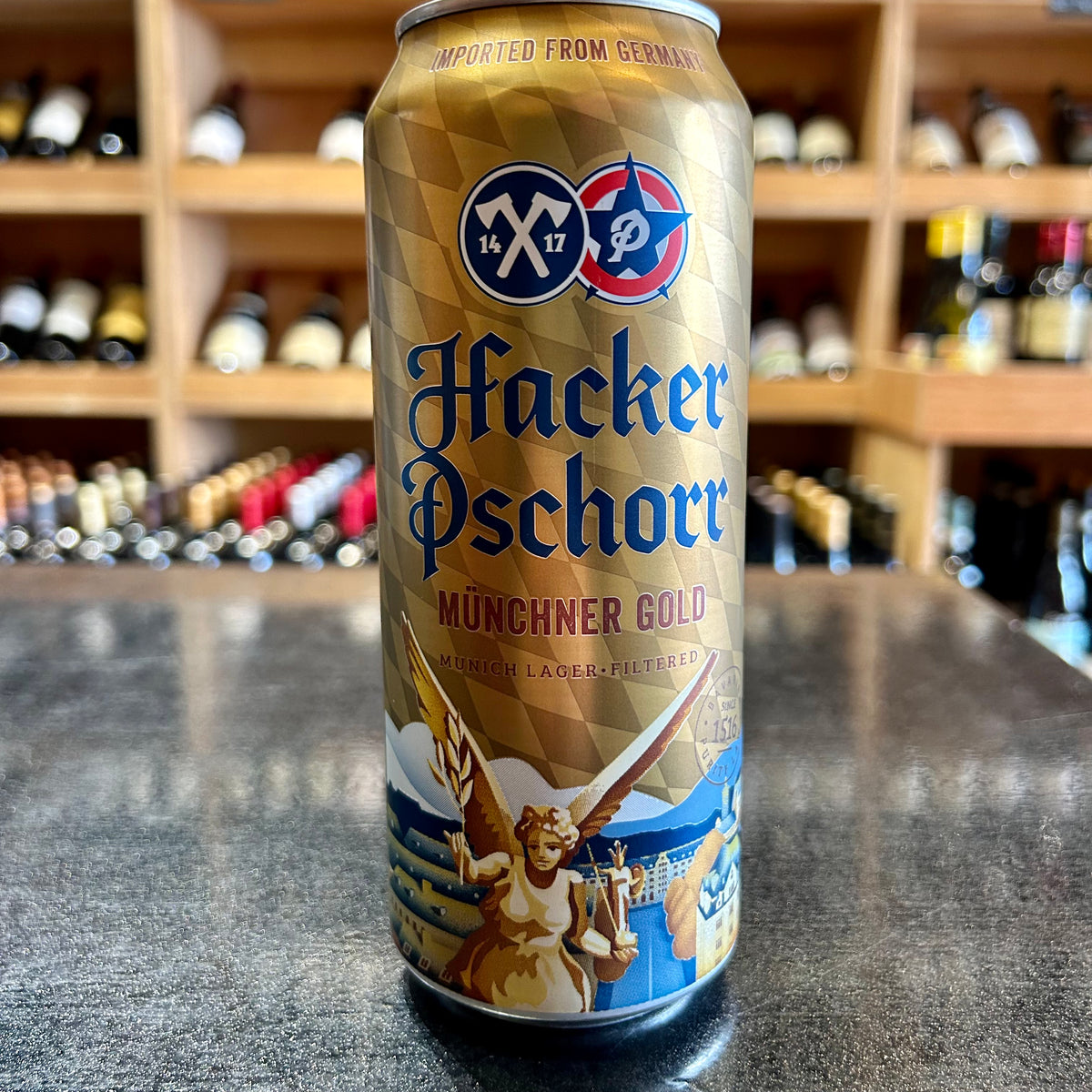 Hacker-Pschorr Munchener Gold Can 50cl 5.5% - Butler&#39;s Wine Cellar Brighton